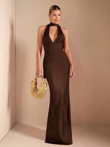 Vestido de punto de tirantas con escote profundo, espalda con lazo y cola de pez, color rojo sólido, sexy y elegante, adecuado para cócteles, citas románticas, capas en otoño/invierno, fiestas, bodas de damas de honor, salidas nocturnas, Halloween y Navidad - Café integral - Ver 5