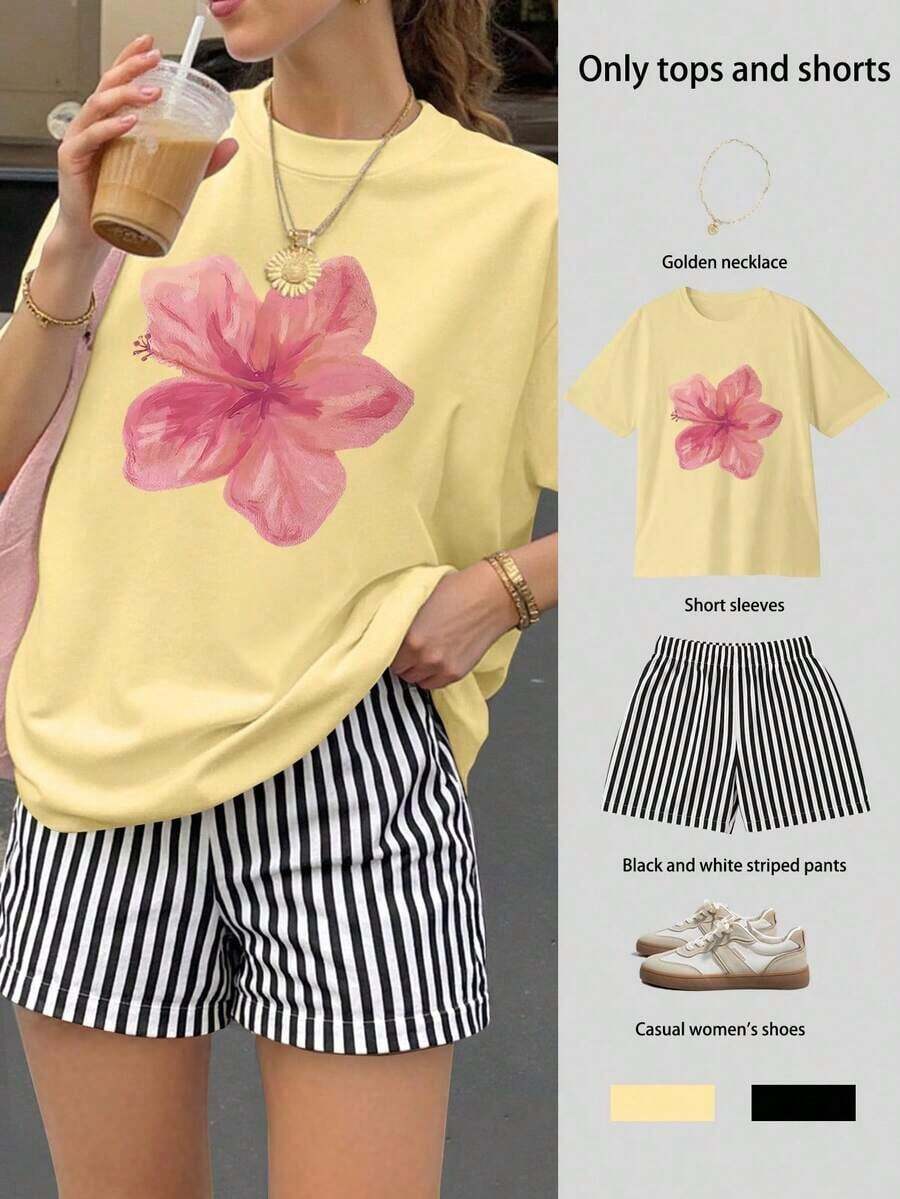 de camiseta de manga corta holgada con estampado floral y pantalones cortos a rayas para mujer, adecuado para vacaciones en la playa, traje de mujer, conjunto de verano para mujer, atuendo de vacaciones, ropa de viaje, estilo de playa, ropa de va - Amarillo 3 - Ver 1