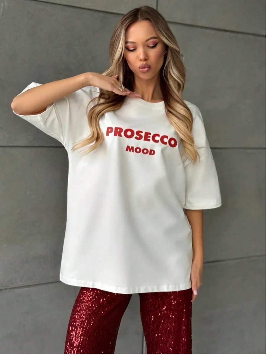 Camiseta de manga corta con cuello redondo de algodón puro y estampado de letras, de diseño minimalista único para mujer, moderna y versátil. - Blanco - Ver 1