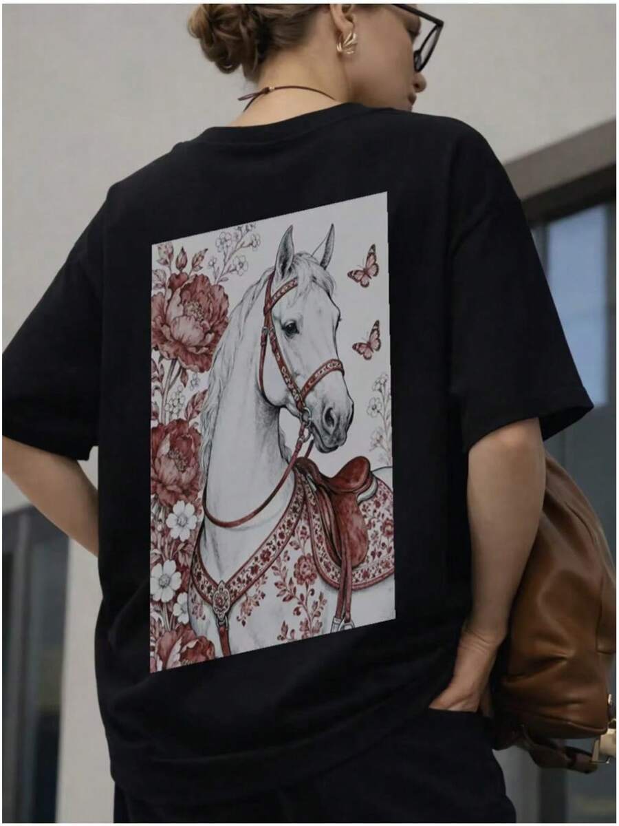 Camiseta de manga corta 100% algodón, estilo europeo y americano de verano, versátil, a la moda, casual, única, de marca de , con estampado de caballo para mujer. - Negro - Ver 1