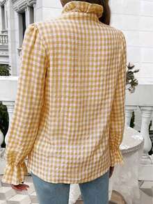Kemeja Wanita Lengan Panjang Regular Fit Motif Kotak-kotak Kuning dengan Ruffle dan Kancing Depan, Sempurna untuk Pakaian Kasual Musim Gugur. Musim Kembali ke Sekolah. - Kuning - View 2