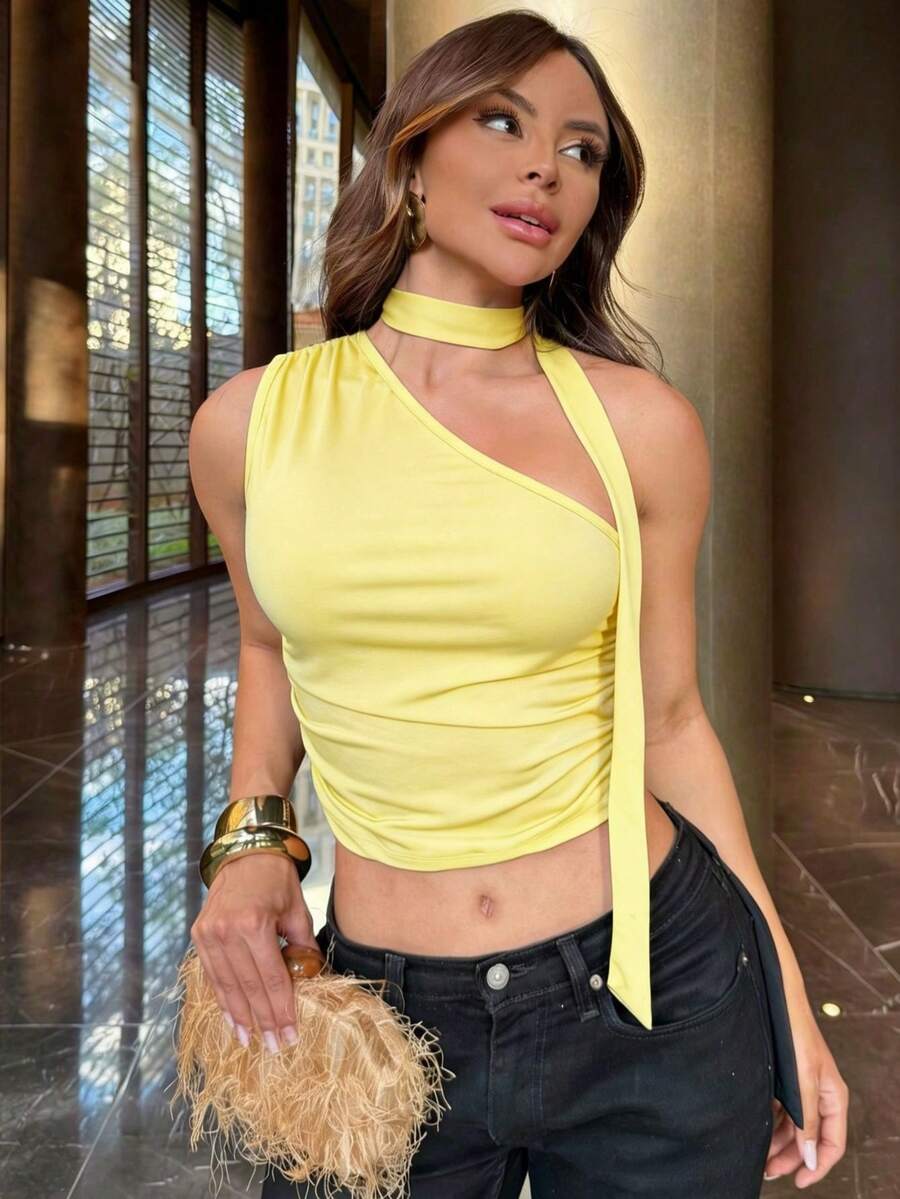 Summer Cropped Blouse In Suplex Fabric With Removable Ribbon - 黃色 - 查看 1