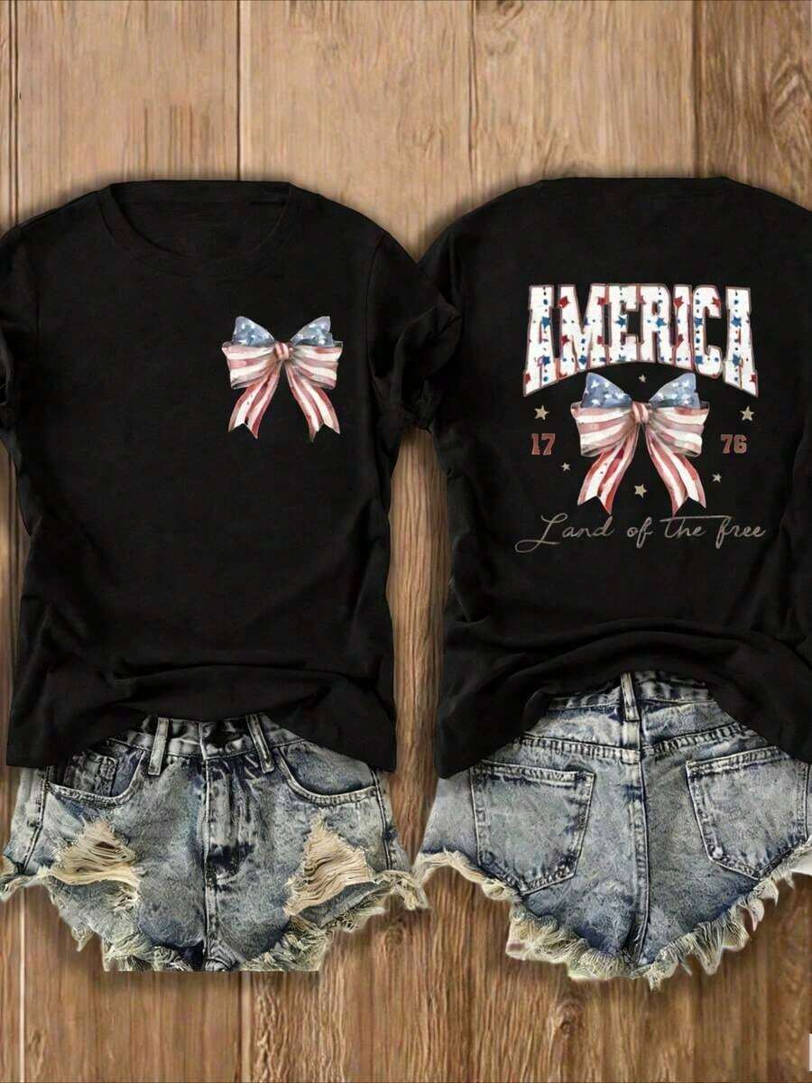 Western 4th Of July T-Shirt Made In America, 4th Of July T-Shirt, 4th Of July Country T-Shirt, Western T-Shirt, Country Concert T-Shirt, Music Festival T-Shirt, Women's Short Sleeve Crew Neck Print T-Shirt - Casual Daily Wear, Sports & Fitness, For Everyone (Perfect For Valentine's Day) - 黑色 2 - 查看 1