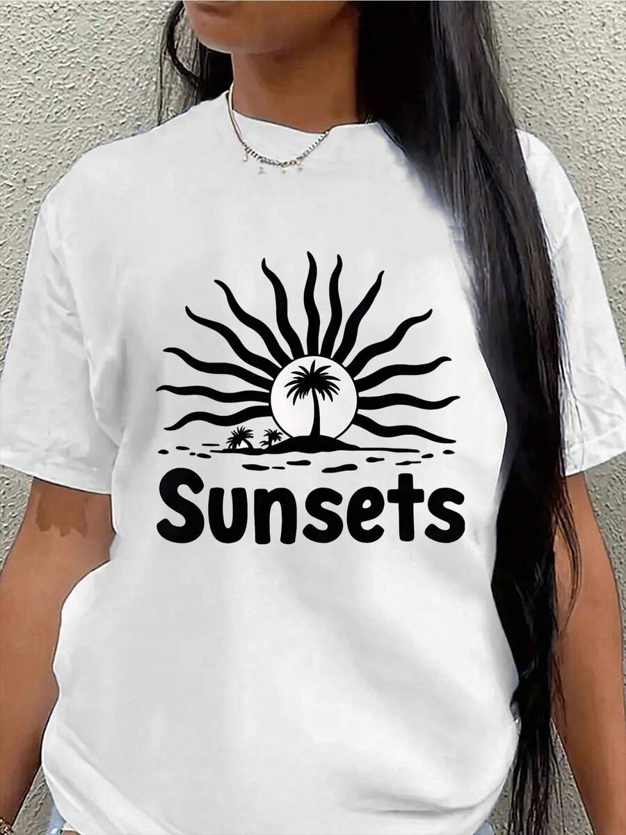 Camiseta ligera y duradera con diseño de palmera al atardecer, i para vies a llaya, vacaciones o uso casual, perfectara salidas de verano y actividades al e