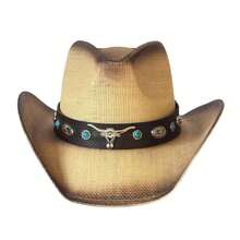 1Pc Vintage Distressed Straw Cowboy Hat, Western-Style Wide-Brimmed Hat With Bull's Head And Turquoise Rivet Embellishments, Classic Western-Style Panama Hat, Suitable For Outdoor Sun Protection, Parties, And Outdoor Sports. - 黑色 - 查看 3