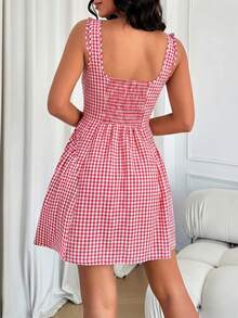 Áo hai dây kẻ caro đỏ trắng cho nữ, cổ hình trái tim, eo thon, dáng chữ A, chân váy xếp ly, kiểu dáng thường ngày ngọt ngào, cổ điển, thích hợp cho hẹn hò, đi chơi, nghỉ lễ, váy ngắn ôm sát co giãn, thanh lịch mùa xuân/hè. - Đỏ - Xem 2