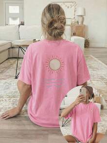 [Double-Sided Print] Women's Spring/Summer Loose Casual Clothing, Short-Sleeve Crew Neck T-Shirt, Sun And Wave Print - Vintage Urban Style, Unisex Cotton Loose Short-Sleeve Crew Neck T-Shirt - 黑色 - 查看 10