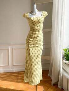 Vestido de verano de cola de pez con dobladillo largo y puntos polka de malla para mujer - amarillo ganso - Ver 6