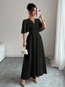 Nuevo diseño de vestido casual, elegante y de vacaciones para mujer con cuello, cintura plisada, parche de gasa y mangas con volantes - Negro - Ver 4