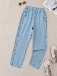 Pantalones casuales de mujer con bolsillo y decoración de botones de unicolor - Celeste - Ver 5