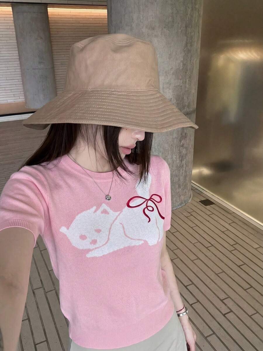 夏季新款粉色猫咪刺绣系带短袖针织T恤,纯甜美少女风撞色纹理露脐上衣,优雅休闲百搭女装通勤约会穿搭,Y2K复古校园海滩派对假日母亲节婚礼针织衫 - 粉色 - 查看 1