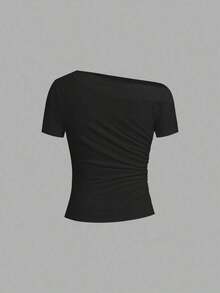 Camiseta de moda ajustada de manga corta con hombros oblicuos de unicolor para mujer - Burdeos - Ver 7