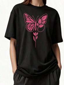 Mariposa rosa con tulipanes flores estampado manga corta camiseta 2026 nuevo diseño tridimensional de mariposa y ramo flor top blanco todos los días casual romántico viento mujer camiseta se puede combinar con un fondo de color claro para un look suave san valentín playeras de mujer blusas elegantes dama,Suitable for wearing on Holy Week 4, Holy Week 5, and Mother's Day. - Negro - Ver 1