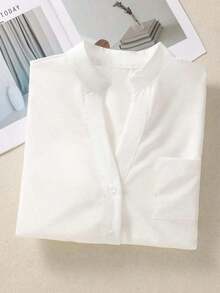 Camisa de mujer de unicolor con cuello en V y botones - Blusa casual y elegante de manga larga con detalle de bolsillo, adecuada para vacaciones, viajes y uso diario, artículo esencial para primavera, verano, otoño e invierno - Blanco - Ver 11