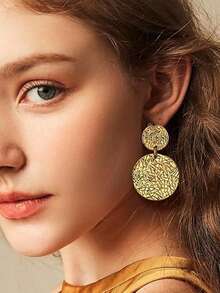 Pendientes circulares con patrón asimétrico exagerado y personalizado de estilo retro - Pendientes geométricos versátiles y de moda - aretes de aro - Ver 3
