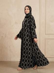 Hafizah Women's New Polka Dot Chiffon Cardigan Abaya With Headscarf, Lace Patchwork Fashion Long Robe - Black - View 3