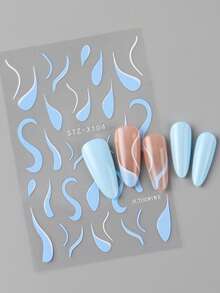 2pcs/Pack 3D Line Nail Art Stickers, Self-Adhesive Nail Decoration, Blue And White Water Ripple Line Pattern, French Line Nail Art Stickers, Suitable For Women Or Nail Salon Use - Multicolor - View 5