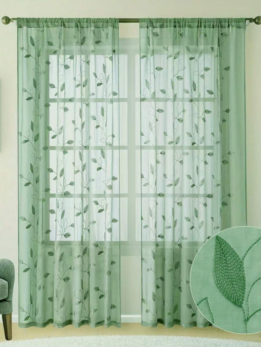 1 Stück/2 Stücke Aprikose ländlicher Stil dekorative Blatt bestickte dünne abnehmbare Vorhänge, Stangendesign, Wohnzimmer Schlafzimmer Balkon Küche staubdicht Blattmuster lichtfilternd gemütlich Feiertag Lässig transparente Vorhänge - Grün - Übersicht 1