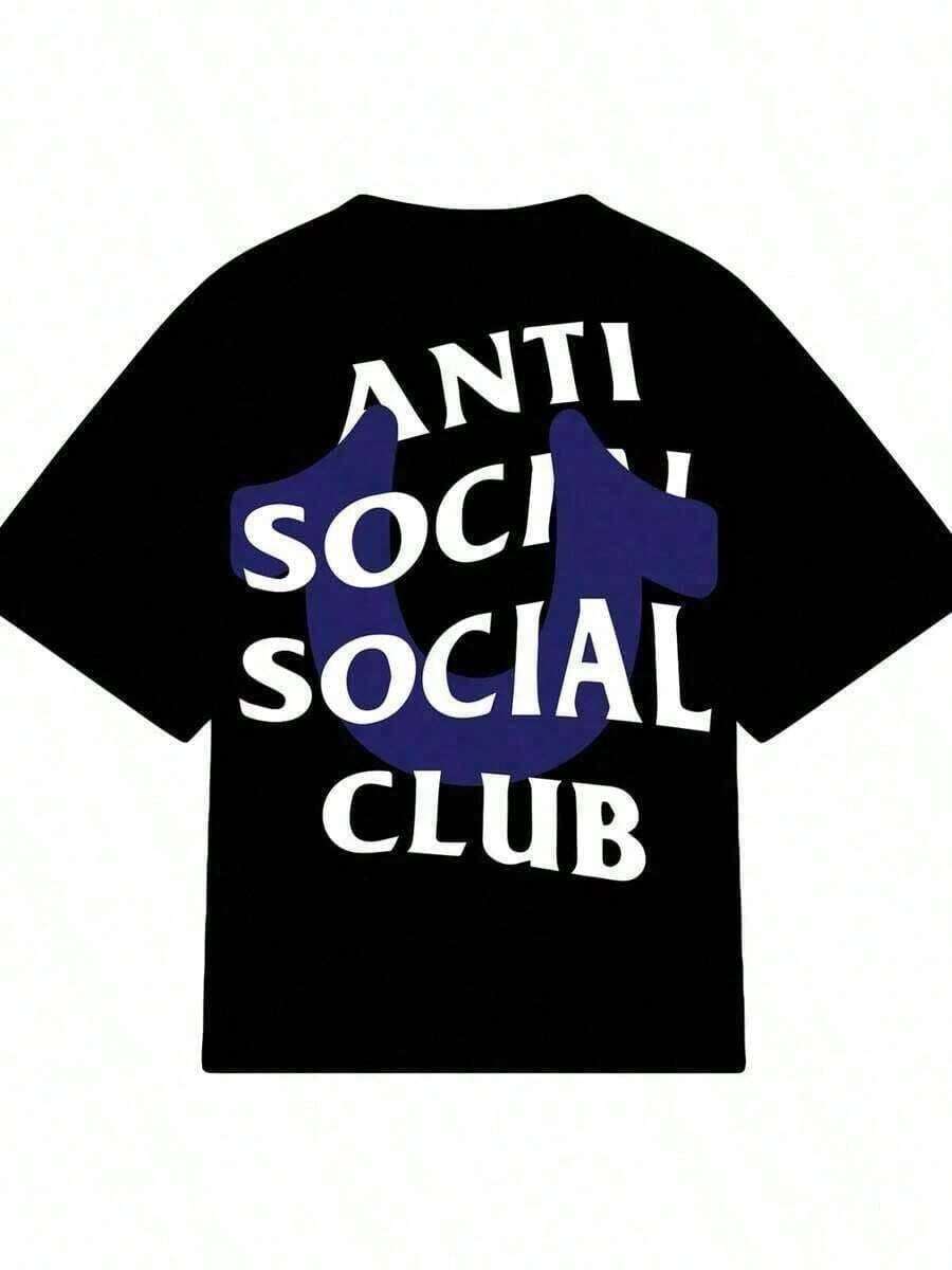 % algodón, camiseta impresa del club antisocial, adecuada para uso diario, esencial para atuendos de verano fáciles, regalo perfecto, camiseta cómoda de manga corta para deportes al aire libre, regalo de vacaciones, camiseta suelta, casual y versátil. - Negro - Ver 1