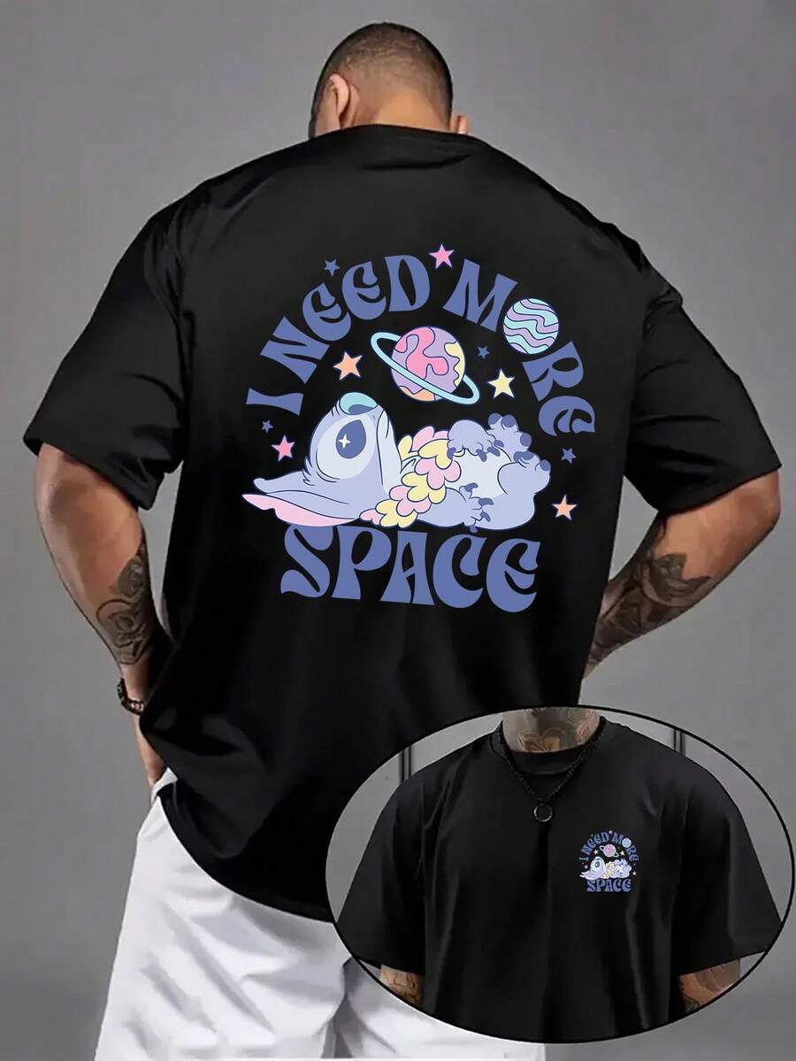 Disney Licensed Spring/Summer Men's Short Sleeve T-Shirt Featuring "Lilo & Stitch" Print, New Spring/Summer Men's Fashion Short Sleeve Breathable Round Neck Casual Comfortable T-Shirt, Stylish Streetwear T-Shirt, Spring Fashion Short Sleeve Disney Unisex Shirt, Casual Outing Clothing, Men's Casual Top, Suitable For Daily Wear - 黑色 - 查看 1