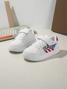 YAMEPP Kids' Colorblock Graffiti White Sneakers, Spring/Summer Canvas Lightweight Hook And Loop Campus Sports Shoes, Colorblock Letter Children's Flat Shoes, Star & Stripe Print White Sneakers, Student Casual Flat Shoes - Red and White - View 5