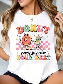 1 Unisex Women's T-Shirt With "Casual Donut" Themed Design And The Phrase "Do Your Best, No Pressure" For Exam Day - Donut Graphic Design With Grades A+, A, C+, D+, F - Casual Short Sleeve T-Shirt, Round Neck, Comfortable, Suitable For Events, Teacher Attire And Exam Day Use, 100% 180g Cotton. - 白色 - 查看 5