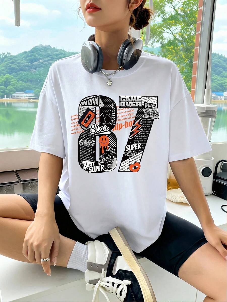 Camiseta para Mujer con Estampado de Números, Cuello Redondo, Manga Corta, Diseño Casual, Ideal para Verano - Blanco - Ver 1
