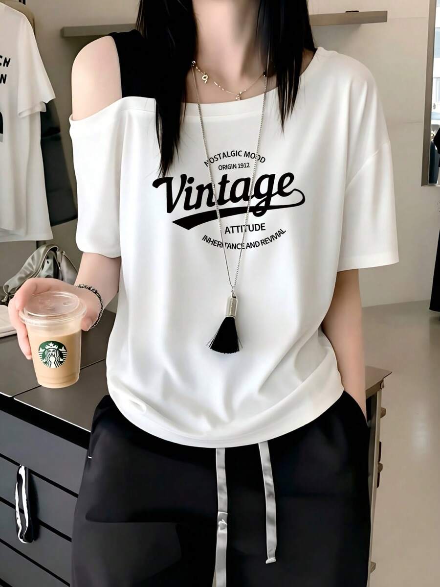 白色不對稱單肩短袖女款T恤,夏季新款復古美式風格字母印花寬鬆休閒上衣,美學風 - 白色 - 查看 1