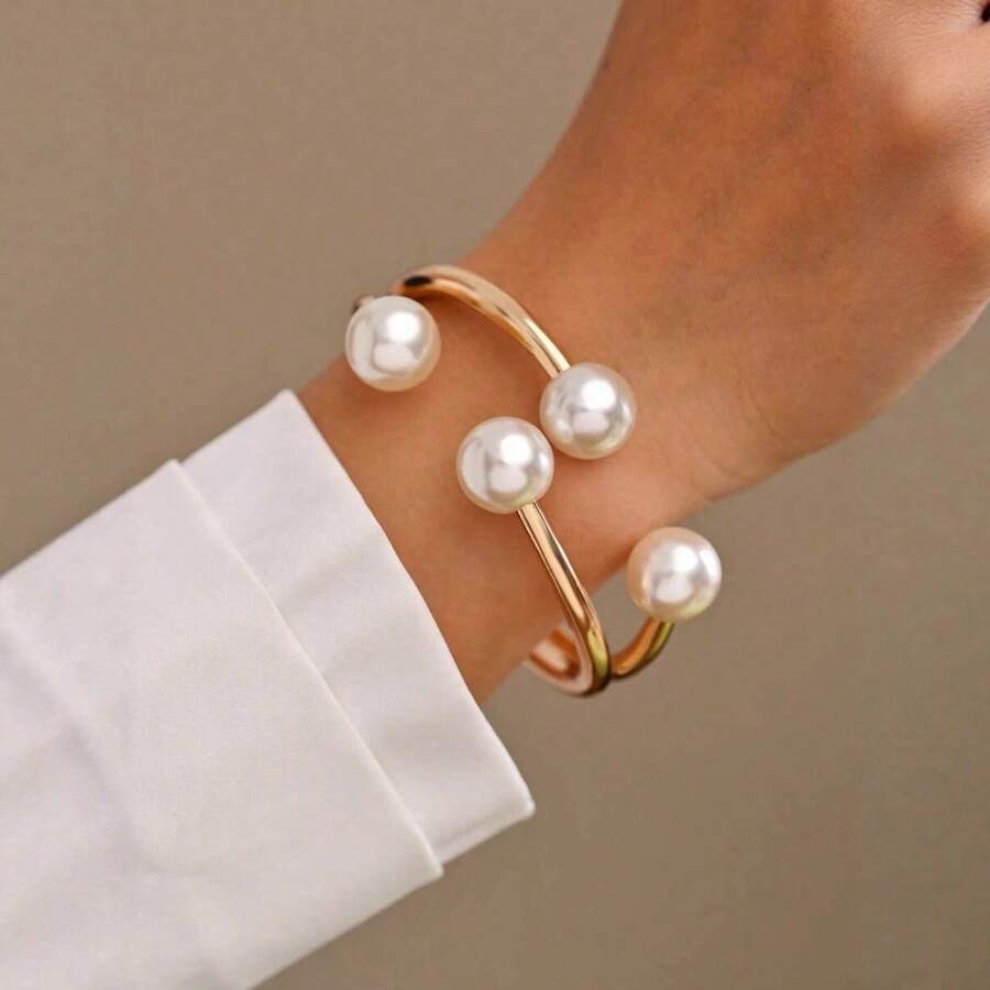 Vòng tay ngọc trai hai lớp thời trang đa năng, trang sức đeo tay ngọc trai bất đối xứng nửa hở dành cho nữ. - Vòng tay ngọc trai - Xem 1