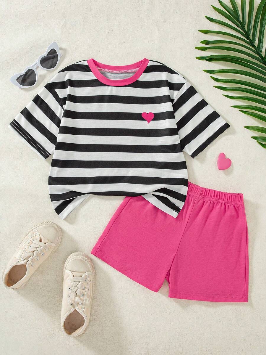 Set de 2 piezas de top de manga raglán con estampado de rayas y shorts de unicolor, estilo casual para niñas, primavera/verano - Negro - Ver 1