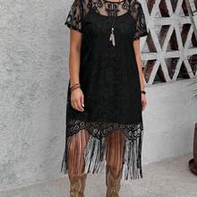 LUNE Plus Size Lace Fringe Hem Vacation Dress For Summer,Beach Dress Sundress,Holiday Outfits Boho - Negro - Ver 7