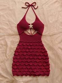 Vestido ajustado con escote en V, tirantes finos, calado y decoración de estrella de mar metálica.Ideal para vacaciones, citas, té de la tarde, festivales de música, estilo bohemio, vacaciones en la playa, verano con tirantes finos y atar en la espalda. - Burdeos - Ver 4
