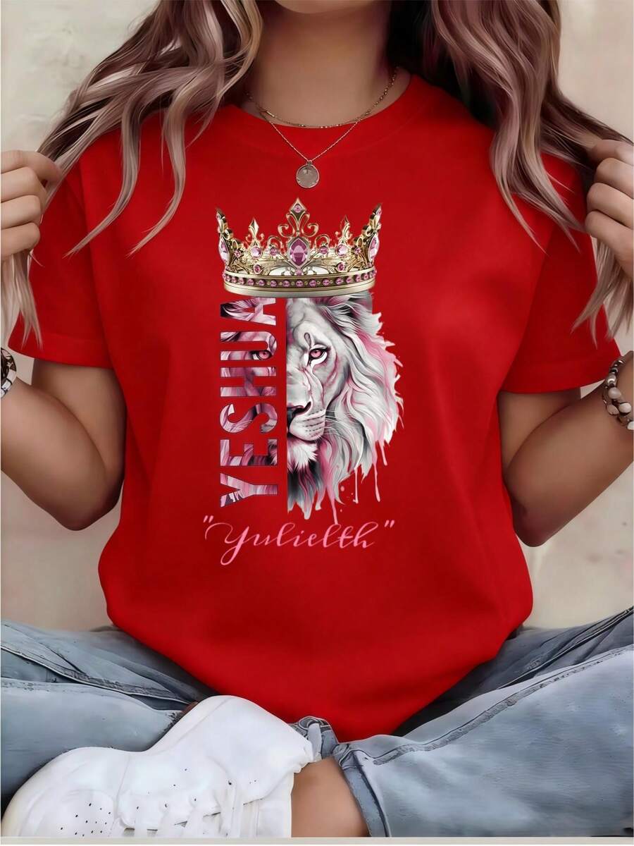 Camiseta de Mujer con Estampado Divertido - Casual, de manga corta, cuello redondo, corte holgado, lavable a máquina, cómoda para todas las estaciones, adecuada para uso casual. |   Corte holgado |   Impresiones duraderas, adecuadas para varios regalos navideños, enviadas desde el almacén local 2026. - Rojo - Ver 1