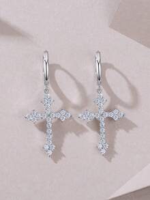 Bông tai bạc 925 đính đá Moissanite, thiết kế hình thánh giá, không gây dị ứng, quà tặng cho Ngày Valentine, Ngày của Mẹ, đám cưới, lễ đính hôn, sinh nhật, kèm hộp quà và giấy chứng nhận. - Bạc - Xem 4