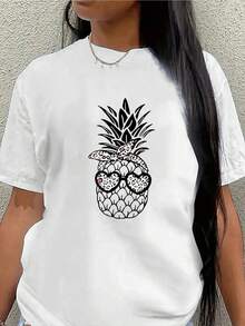 Camiseta de Manga Corta de con Diseño de Calavera de Piña, Ligera y Duraderara Uso Casual en Casa, Restaurantes o Eventos al e - Blanco - Ver 2