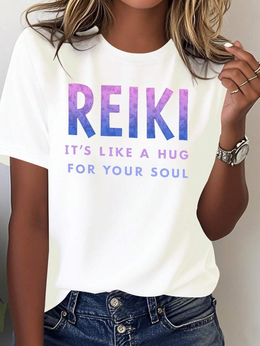 Camiseta de Reiki Puro para Mujer con el Eslogan "REIKI" y "Es Como un Abrazo Para Tu Alma" - Top Rosa Ombre De Manga Corta Meditaci￳n, Ropa Espiritual Lavable a M£quina