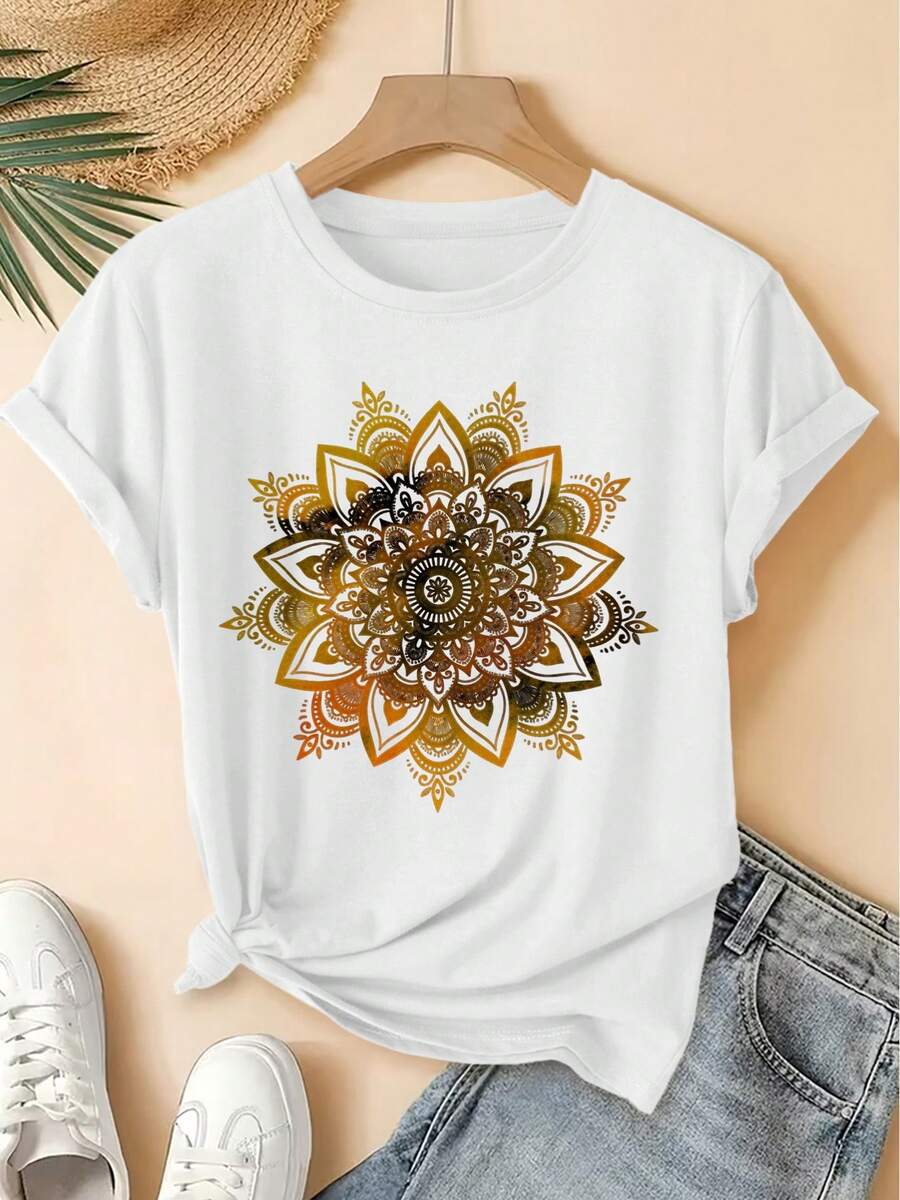 Spring/Summer 2026, New Women's Short Sleeve T-Shirt With Round Neck And Gradient Mandala Print, Distressed Vintage Style, Casual Sports Top, Soft Knit Fabric, High-Quality Women's Clothing. | Fun And Original Design | Fun And Youthful T-Shirt - Unisex Vintage Urban Style, Loose Fit, Cotton, Short Sleeve And Round Neck - 白色 - 查看 1
