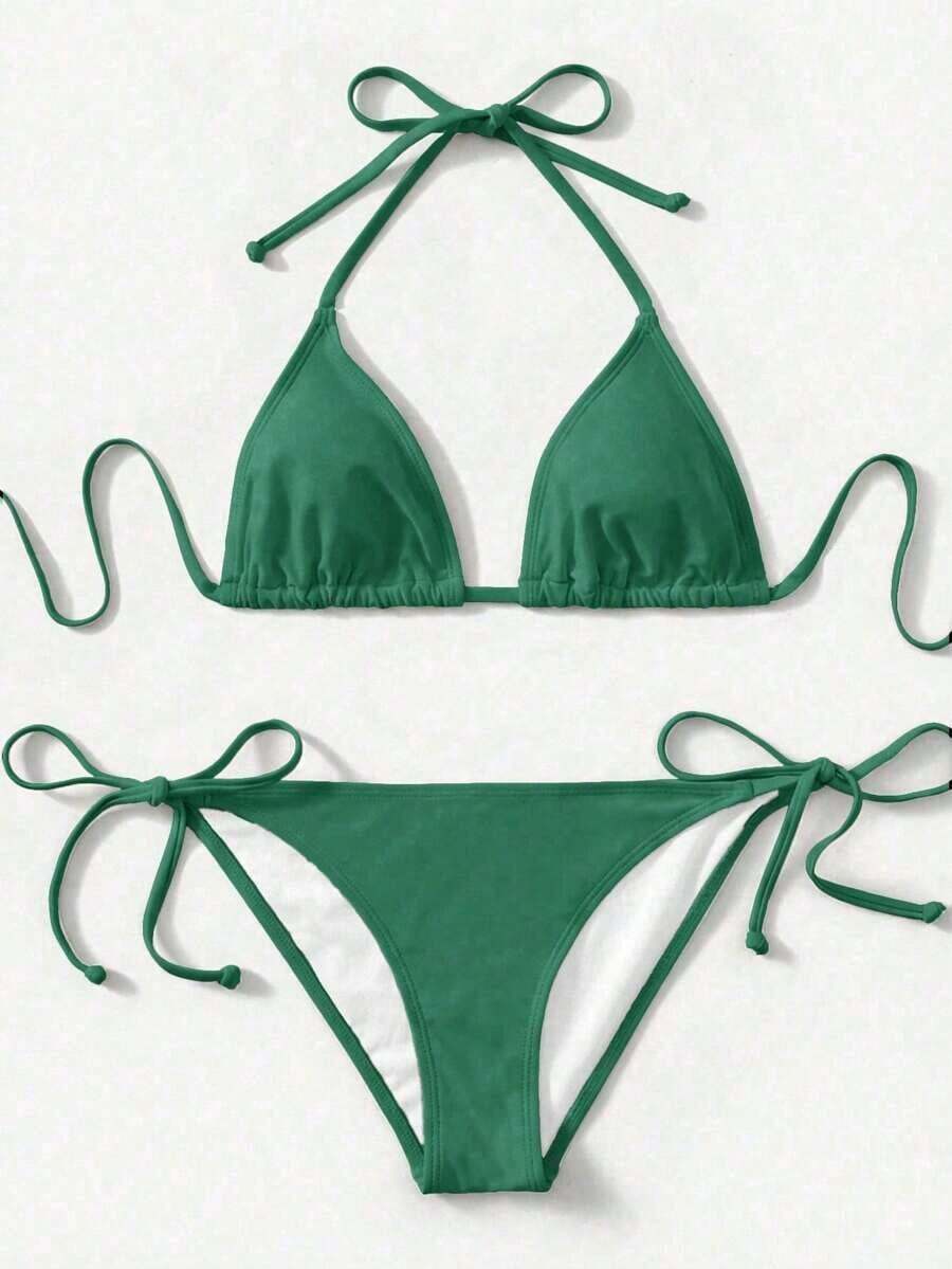Women's Simple Solid Color Swim Bikini With A Halter Neck And Cutout, Suitable For Beach Vacations And Summer. - Mint Green - View 1