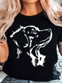 New Women's Scotia Retriever T-Shirt - Black And White Dog Lover Pattern, Short Sleeve, Casual Summer Crew Neck Top, Machine Washable Gift Suitable For Dog Lovers, Pet Owner Clothing, Geometric Pattern Stretch Fabric, Fun Dog Design For Everyday Wear - 黑色 - 查看 12