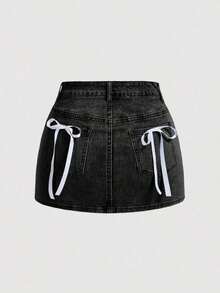 Falda mini de mezclilla con decoración de lazo para verano - Negro 2 - Ver 5
