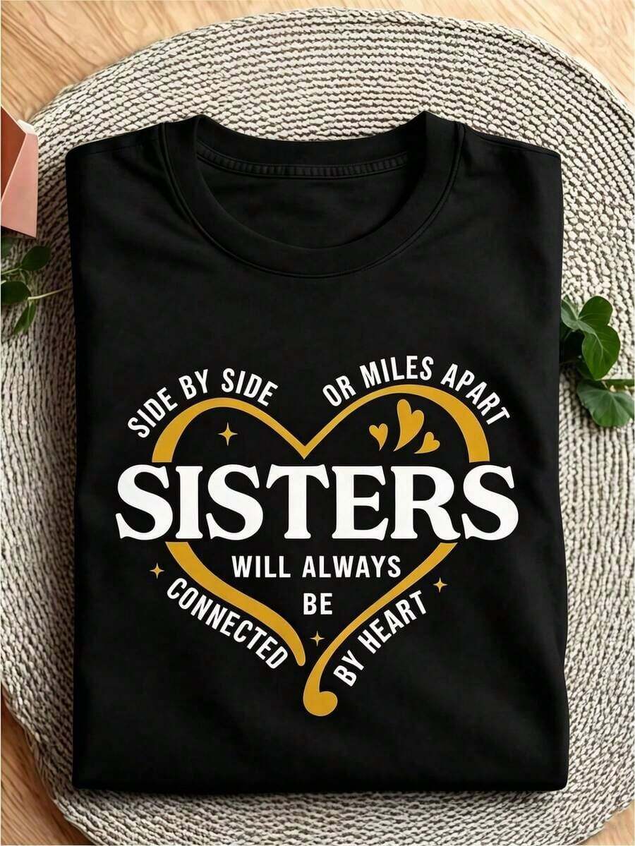 1 Piece Of Women's Clothing: White T-Shirt With Sister Quote Print, T-Shirts, White Top, Graphic Tees For Women, Casual Unisex Crew Neck T-Shirt - 黑色 - 查看 1