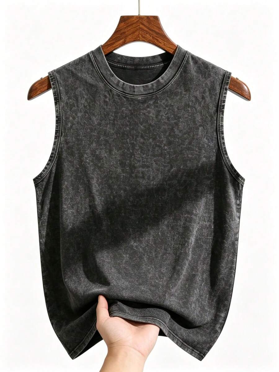 EWH Men's Distressed Sleeveless Tank Top Charcoal Washed Vintage Style Oversized Crewneck Vest Retro Casual Outfit VS003-AB - 黑色 - 查看 1