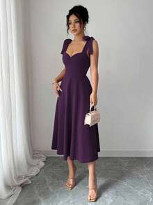 elegante y romántico para mujer con lazo decorativo en la cintura y corte evasé sin mangas - Morado - Ver 6