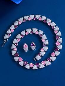 1 Set Women Chic Purple Pink Geometric Triangles Cubic Zirconia Tennis Choker Necklace Stud Earrings Silver Plated CZ Crystal Jewelry Set For Wedding Party - Purple - View 6