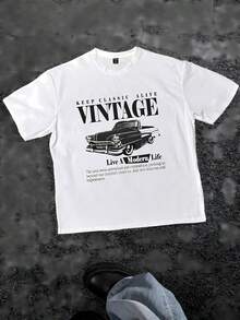 Camiseta de manga corta ajustada con un hombro, con estampado retro de coche y letras, estilo vintage casual, adecuada para el verano - Blanco - Ver 1
