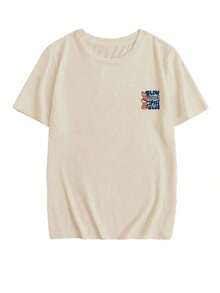 Camiseta de manga corta con cuello redondo y estampado de letras, de estilo sencillo y versátil para el uso diario de las mujeres, camiseta de algodón cómoda. - Caqui - Ver 5