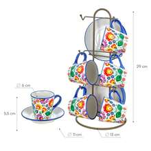 Ensemble de tasses en céramique décorées Baroni Home avec soucoupes et support, accessoire de cuisine coloré et résistant, collection Flora Line, 15 x 13 x 29 cm - Set tazzine - Voir 3