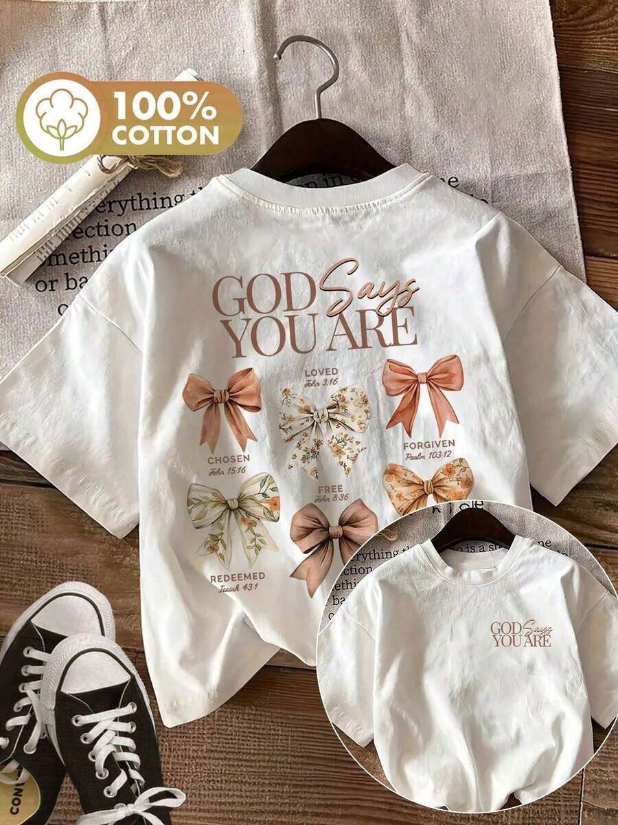 [Double-Sided Print] Women's Summer Casual T-Shirt, Vintage Style, Bow, Floral Print, "GOD SAYS YOU ARE" Print, Round Neck, Pure Cotton Short Sleeve T-Shirt [Ling K] - Retro Casual Style, Unisex, Comfortable Cotton Short Sleeve T-Shirt With Round Neck - 白色 - 查看 1