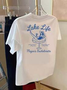 100% Printed T-Shirt On The Front And Back, Featuring "Lakeside Life" And "Bachelorette Party" Designs, Casual Short-Sleeved Crew Neck For Women, Classic Comfortable Fit Design, Fashionable Item, High-Quality Double-Sided Printed Cotton T-Shirt For Women, Breathable Graphic Print Cotton T-Shirt For Summer. - 白色 - 查看 3