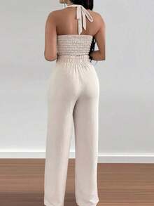 Conjunto de 2 piezas de chaleco sin espalda con atar en el cuello y pantalones de pierna ancha, estilo casual de vacaciones para mujer - Albaricoque 2 - Ver 2